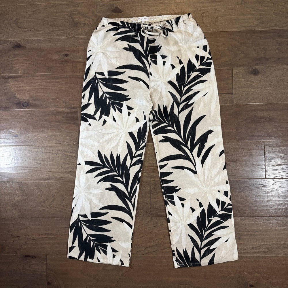 Bella Dahl Tropical Palm Print Linen Blend Drawstring Pants Black Sand B3971‎ L